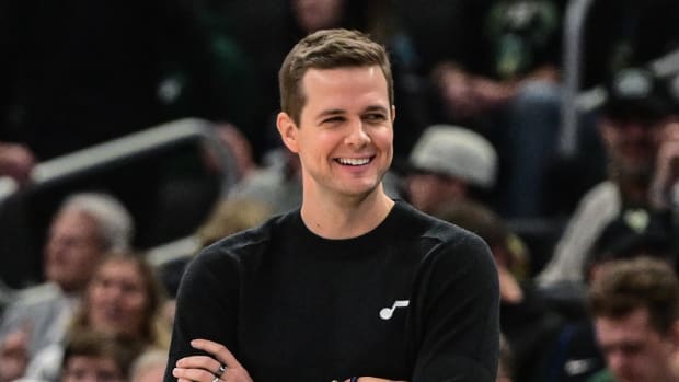 Utah Jazz head coach Will Hardy reacts in the third quarter against the Milwaukee Bucks at Fiserv Forum.